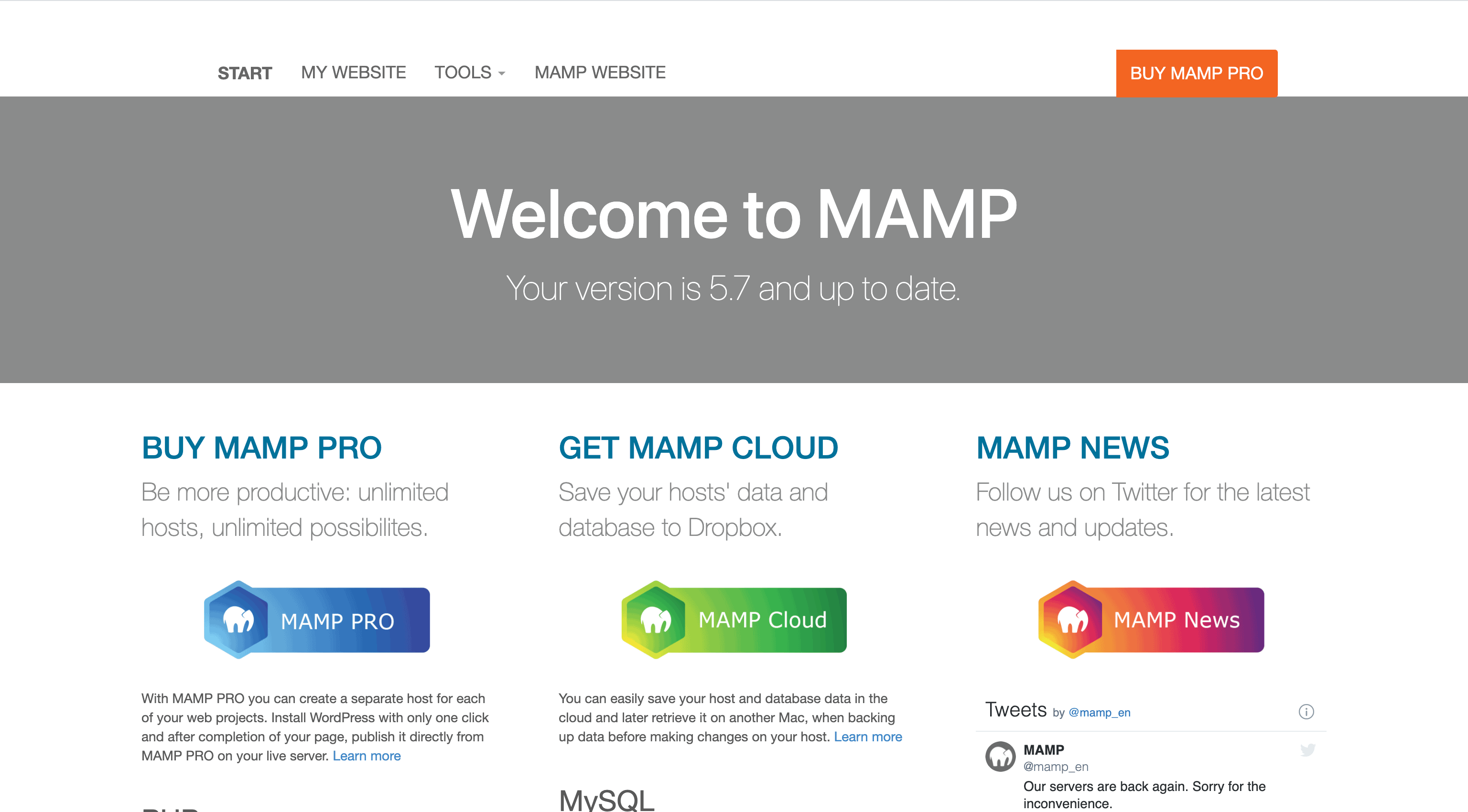 Homepage de MAMP